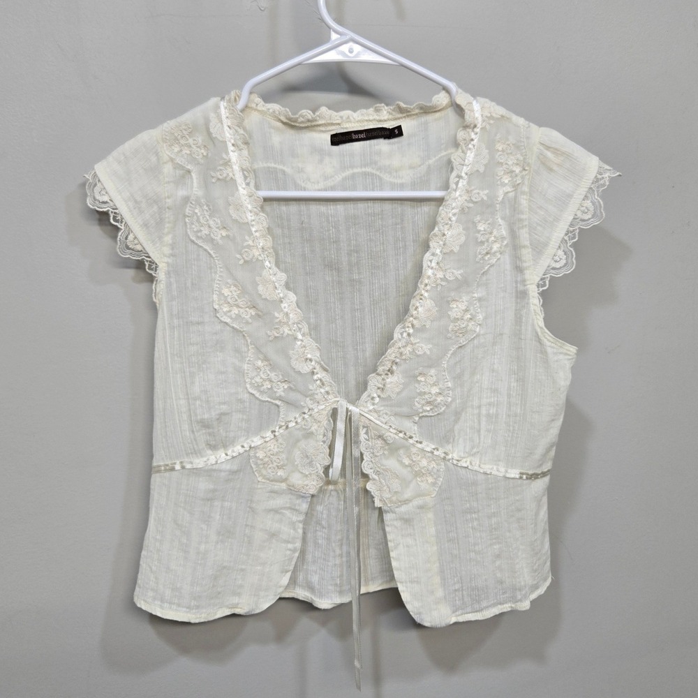 Y2K Vintage Hazel Shirt Top Small White Lace Tie Front Coquette Romantic Cottage